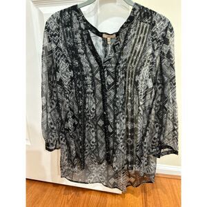 Joie Sheer Geometric Button Front Blouse Top Black Size Small